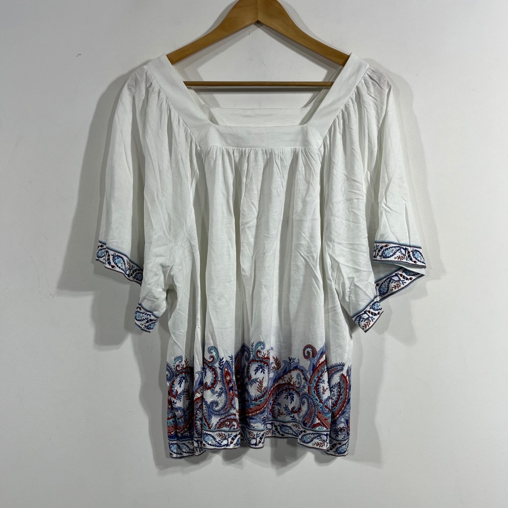 J. Jill Boho Western Paisley Border Print Square Neck Short Sleeve Top Womens XL